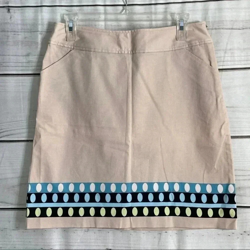 Geoffrey Beene Sport Skirt Womens 4 Tan Polka Dot Border Stretch Cotton Pencil